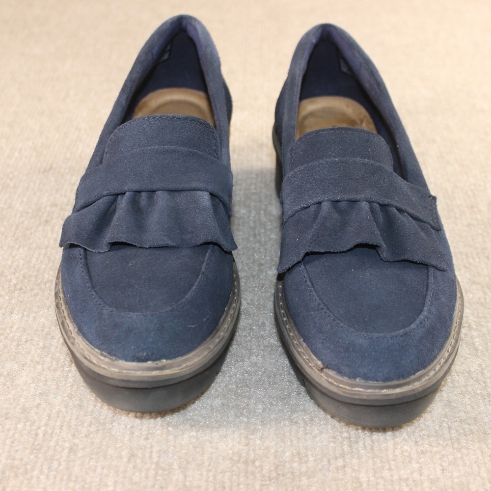 Clarks Collection Womens‎ Navy Blue Suede Ruffle Loafers Wedge Shoes Size 8 M